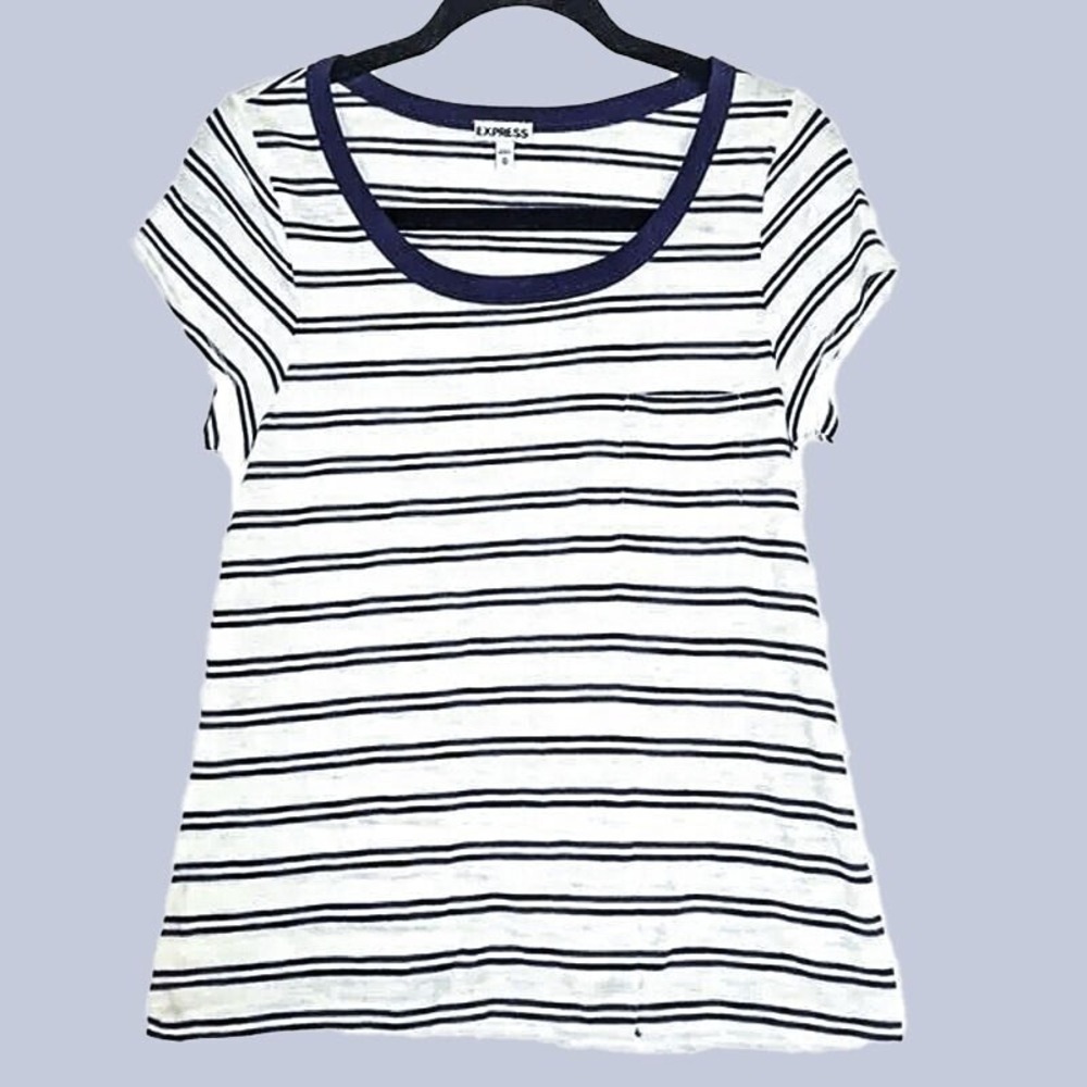 Express Striped Tee Women XS Navy Blue‎ White Nautical Casual Scoop Neck T Shirt